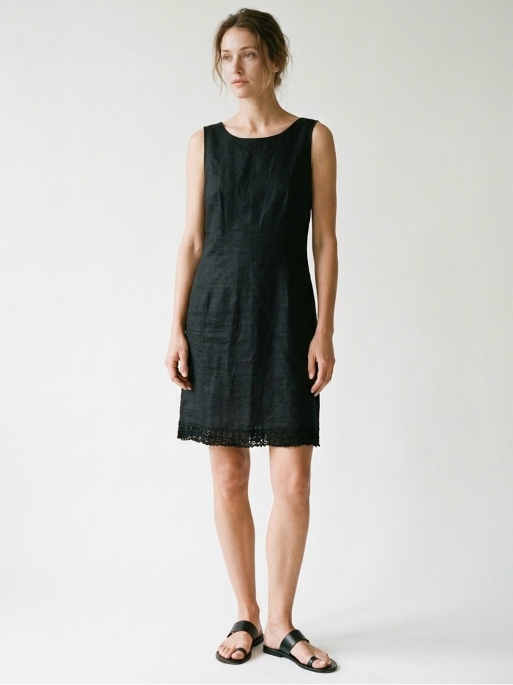 Vintage 90s Linen Sleeveless Shift Dress Size 6 Black